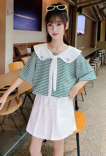 120-170女童条纹娃娃领短袖t恤上衣，短裤两件套装夏季韩版洋气