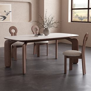 中古风岩板餐桌椅组合胡桃木色，简约现代实木家用长方形饭桌小户型