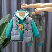 宝宝冬装加绒加厚三件套男童装，卫衣套装婴幼儿童冬季马甲洋气衣服