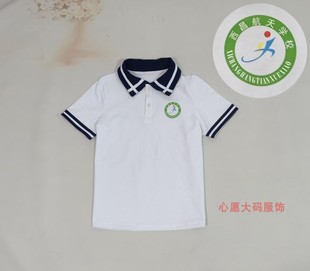 夏季中小学生纯白色身深蓝领口西昌航天学校校服短袖仿制