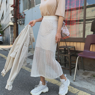 韩国chic复古小众设计感夏季减龄中长款针织镂空钩花显瘦半身裙女