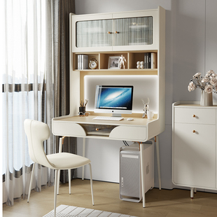 法式奶油风书桌书架一体小户型卧室家用轻奢现代电脑桌简约写字桌