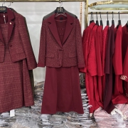 分体长袖西服外套红色连衣裙两件套2024年春秋收腰气质女神，范套裙(范套裙)