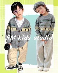 RM原创设计男女儿童棉羊毛樱桃拼色V领开衫毛衣外套灰运动裤