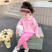 小女孩粉红色长袖秀为卫衣2到3四周岁宝宝上衣服女童运动休闲套装