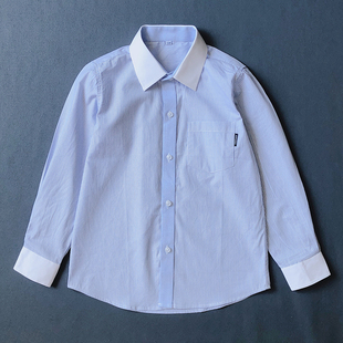 男童蓝色条纹长袖衬衫春秋款男孩白领上衣纯棉中大童学生校服衬衣