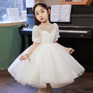 女童白色公主裙夏装儿童蓬蓬纱洋装小女孩花童婚礼钢琴演出礼服