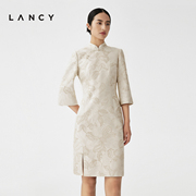 LANCY/朗姿2023冬季新中式旗袍连衣裙子女收腰七分袖印花收腰