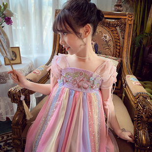 女童连衣裙夏装2024洋气，儿童刺绣公主裙新中式，女宝雪纺汉服裙