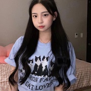 可爱暴击~！蓝色小猫咪短袖TEE 少女日系韩国复古ins宽松卡通T恤