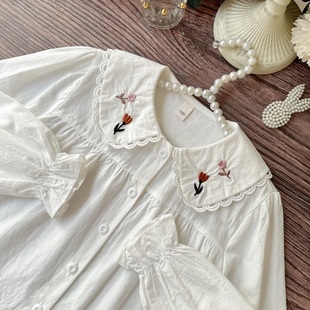 女童绣花衬衫白色宝宝，花边衬衣纯棉，2024年童装春季儿童上衣