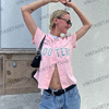 2023夏季美式复古浅粉色运动棒球短袖T恤外套上衣女夏季壕贰