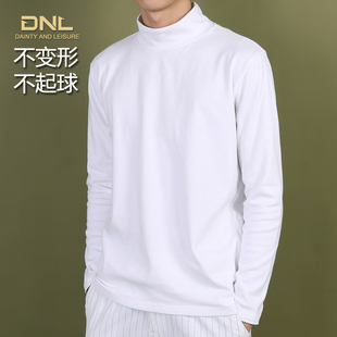 DNL白色半高领打底衫男长袖T恤宽松纯棉内搭中领体恤2021秋冬加厚