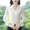 白色夏装雪纺衫女高端洋气短款，衬衫中国风盘扣喇叭袖气质上衣