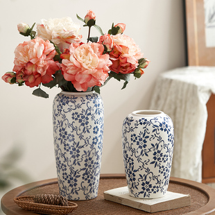 新中式高级感青花瓷复古花瓶陶瓷创意插花花器，客厅玄关装饰品摆件