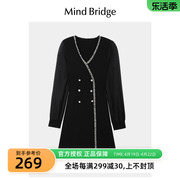 MB MindBridge女春季泡泡袖收腰连衣裙2024长袖赫本风小黑裙