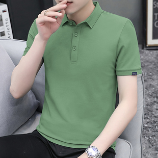 夏季短袖t恤男装纯色，绿色针织翻领polo衫，保罗商务休闲上衣服半袖