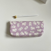 手工原创紫色大容量笔袋可爱温柔小狗，多功能学生文具袋纯棉收纳袋