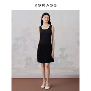vgrass法式黑色高级感真丝无袖连衣裙，女夏季垂坠感vsl2o24010
