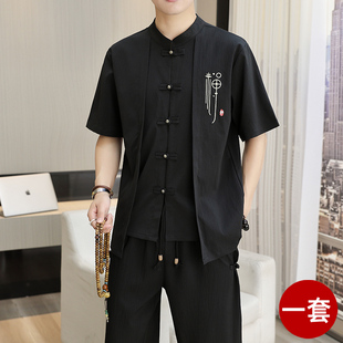 中国风短袖t恤男士休闲夏季假两件国潮男装棉麻盘扣汉服2件套套装
