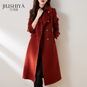 玖诗娅红色双面羊毛，大衣女冬呢子高端气质，修身中长款毛呢外套