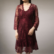 rosemunde女士春夏连衣裙性感长袖v领蕾丝中长款显瘦裙子6686