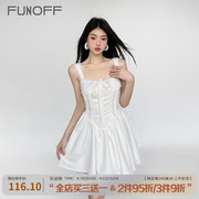 FUNOFF 初恋#法式腰部褶皱纯色蕾丝拼接连衣裙修身显瘦吊带A字裙