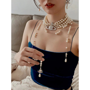 欧美复古西太后珍珠项链，女高级感不对称长款锁骨链多佩戴土星颈链