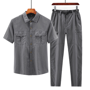 短袖衬衫男套装夏季青年工装大码宽松半袖寸衫军旅两件套衬衣
