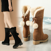 冬季10cm内增高跟雪地靴女中筒皮毛，一体长筒靴子，东北抗寒保暖棉靴