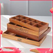 zakka复古木质桌面杂物收纳盒正方形四格多肉花盆托盘分格小木盒m