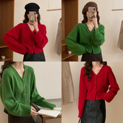 meimei梁美美(梁美美)100%羊毛，红色针织开衫毛衣女(毛，衣女)短款宽松慵懒外套上衣