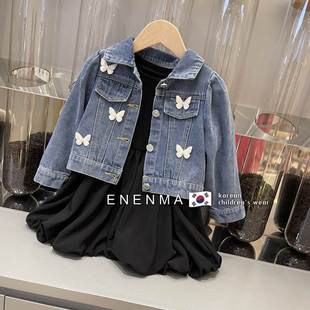 韩国童装2021春秋女童两件套儿童针织拼接连衣裙牛仔外套套装