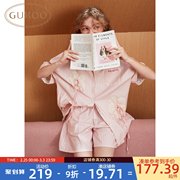 Gukoo/果壳睡衣女夏季条纹短袖小花衬衫领女士家居套装B