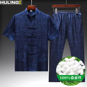 100%桑蚕丝唐装，两件套夏季中年男装真丝，中国风爸爸短袖套装