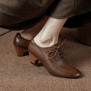 靴宝猜法式复古名媛风粗跟系带高跟鞋女中跟单鞋2023年工作鞋