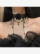 黑色蕾丝脖子配饰装饰项链，女项圈流苏，吊坠玫瑰花颈带choker暗黑系