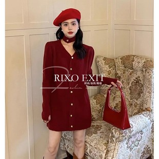 RIXO EXIT法式新年战袍温柔系红色连衣裙子女秋冬季内搭针织毛衣