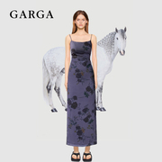 GARGA新中式紫色印花吊带连衣裙女复古性感御姐收腰包臀辣妹长裙