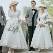 影楼主题服装复古白色，法式长袖婚纱，情侣拍照写真韩版风中长款礼服