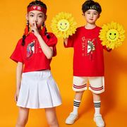 儿童啦啦队表演服装幼儿园六一国，潮红色套装，小学生运动会班服女童
