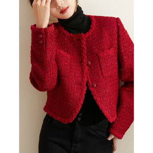 辰蕴名媛气质新年红冬季小香风通勤羊毛，混纺上衣轻奢短外套