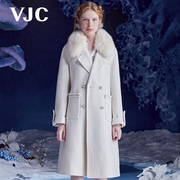 vjc威杰思秋冬女装米白格纹毛领大衣，小香风中长款外套