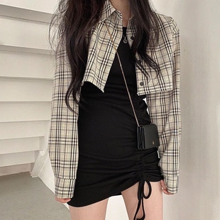 韩国chic复古简约短款长袖格子衬衫外套，+修身抽绳吊带连衣裙女春