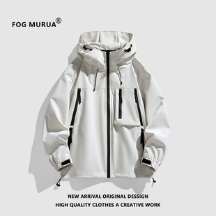 fogmurua美式机能风纯色连帽冲锋衣男复古宽松潮流山系户外外套
