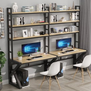 双人电脑书桌台式家用办公桌书架，一体整墙简易学习桌子书柜写字台