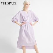 悦空间浅紫色长款连衣裙宽松过膝纯棉蝙蝠袖套头松紧腰原创设计