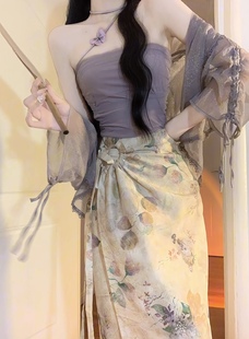 新中式国风纯欲紫色禅意吊带背心上衣开衫外套复古印花半身裙套装