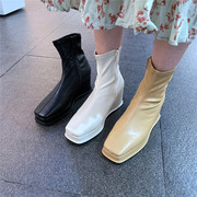 韩国东大门女鞋21秋季udally方头防水台坡跟高跟弹力袜靴短靴