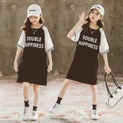 韩系女童连衣裙2023夏季中大童装短袖，t恤裙子中长款韩版宽松